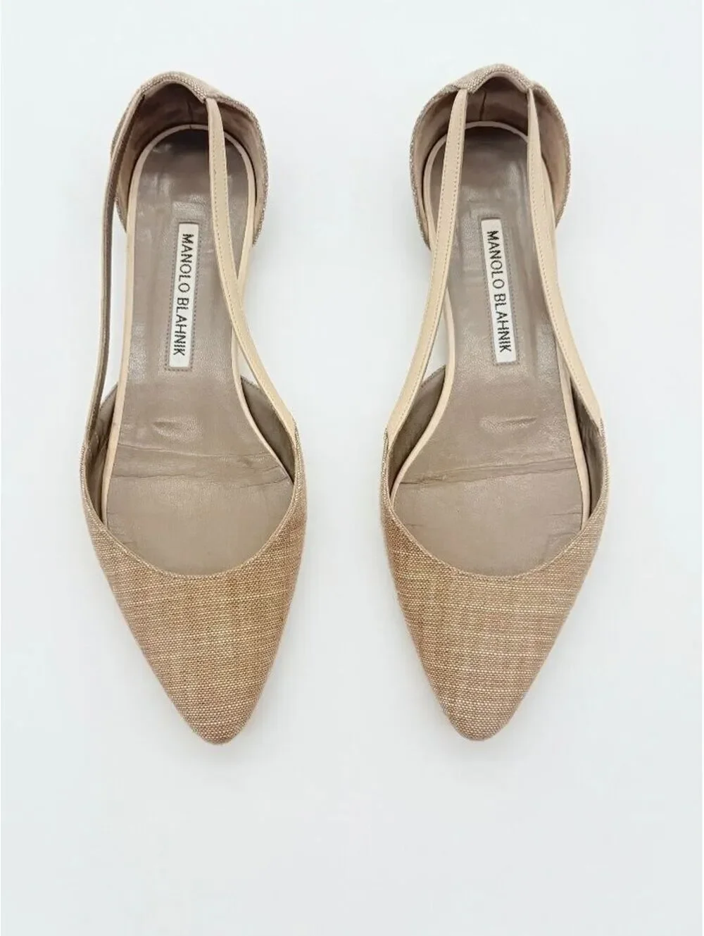 Manolo Blahnik Beige D’Orsay Pointed Toe Flats Nude Linen Shoes Designer 36.5